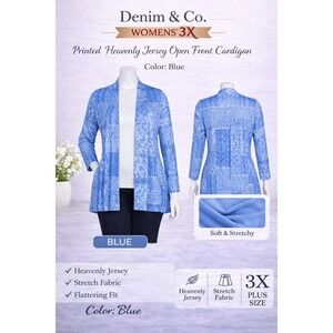 Denim & Co Womens 3X Blue Printed Heavenly Jersey Open Front Cardigan A271578